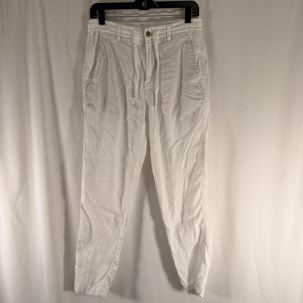 Zara Linen Blend Pants Women 30 White Drawstring Button Zip High Rise 29" Inseam